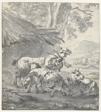 Landscape with Two Children Playing with a Goat, a Lamb and a Sheep (1682) by Simon van der Does