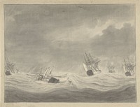 Het vergaan van het schip De Unie onder kapitein Graaf van Welderen op de Noordzee, 19 oktober 1782 (1782 - 1784) by Ary van Wanum