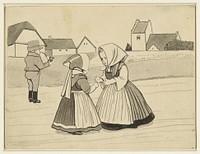 Twee meisjes en een jongen, die een pijp rookt, op een landweg (1868 - 1907) by Alfred Michael Roedstad Schmidt