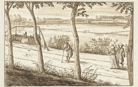 View along the River Vecht, near Maarssen, with a Docking Station, Three Figures in the Foreground and the Country Estate of Vechthoven in the Distance (c. 1682 - c. 1699) by Abraham Rutgers