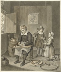 Interieur met man die vissen schoon maakt en twee kinderen (1741 - 1820) by Abraham Delfos and Quiringh Gerritsz van Brekelenkam