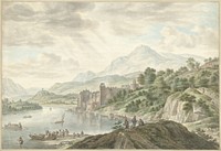 Heuvellandschap met een kasteel aan een rivier (1795) by Abraham Delfos and Herman Saftleven