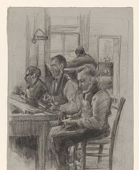 Zaal met drie blinde borstelmakers en een klerk (1868 - 1892) by Anthon Gerhard Alexander van Rappard