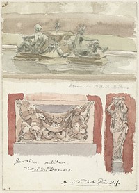 Drie schetsen van sculpturen in het Musée des Arts-Decoratifs te Parijs (1872 - 1904) by Wilhelm Cornelis Bauer