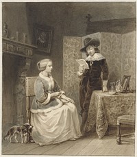 Historisch interieur met zittende vrouw en staande, lezende man (1818 - 1863) by Willem Pieter Hoevenaar