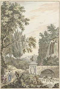 Arcadisch boslandschap met een waterval, een brug en drie jongemannen (1780) by Dirk Versteegh