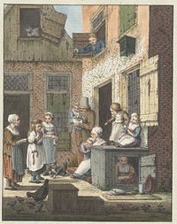 Groep mensen voor de deur van een woning (1758 - 1808) by Christina Chalon