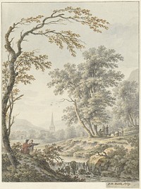 Landschap met waterval en in de verte een kerk (1769) by Johann Heinrich Müntz