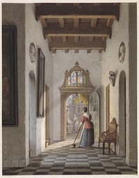 Meid die de gang van een huis veegt (1837) by Louis Henri de Fontenay