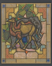 Ontwerp voor een glas in loodraam met een kameel en olifant (1896 - 1934) by Jaap Weyand