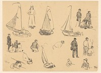 Studieblad met diverse figuurstudies en vissersboten (1870 - 1931) by Willem Bastiaan Tholen