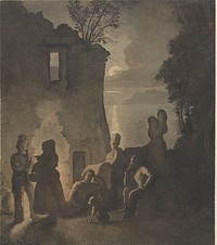 Rustende savoyards bij een vuur aan de oever van een meer bij avond (1729 - 1768) by Johann Conrad Seekatz