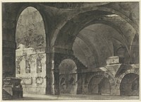 Interieur van een groot antiek gebouw met tongewelven en een koepelsubstructie (1769 - 1850) by Giovanni Battista Piranesi, Fabrizio Galliari and Lorenzo Sacchetti