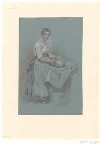 Dienstmaagd staande bij tafel met koperen pan (1824 - 1886) by Willem Johannes Adrianus Wijnandus Voorn Boers
