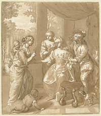 Waarzegster met kind leest de hand van een dame (1693 - 1695) by Nicolaas Verkolje