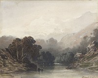 Bergmeer in de schaduw van donker geboomte, erachter lichte heuvels en sneeuwtoppen (1800 - 1900) by Ernest Cicéri