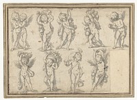 Studieblad met tien engeltjes met attributen (1642) by anonymous and Erasmus Quellinus II
