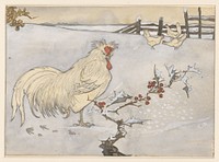 Haan en drie kippen in een sneeuwlandschap met een tak hulst (1906) by Jan C van der Ven