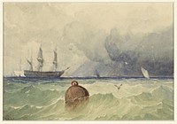 Driemasters voor anker bij opkomend zwaar weer (1830 - 1880) by Thomas Sewell Robins