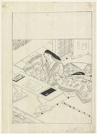 Dame gezeten in een vertrek voor een tafel, waarop twee boeken en schrijfgerei liggen (1628 - 1694) by Hishikawa Moronobu