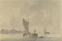 Zeilende schuiten op het water voor een Hollands stadje (1758 - 1815) by Nicolaas Wicart