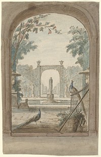 Ontwerp voor een kamerbeschildering met gezicht door een hek op een tuin, pauwen en tuingereedschap (1715 - 1798) by Dionys van Nijmegen