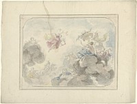 Ontwerp voor een plafondschildering met gezicht in de hemel waar Aurora Duisternis verdrijft (1715 - 1798) by Dionys van Nijmegen