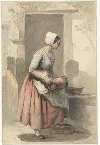 Meisje met een kruik bij de ingang van een woning (1846) by Louis Chantal