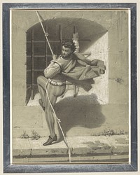 Benvenuto Cellini ontvlucht de Engelenburcht te Rome aan een koord van aaneengeknoopte doeken (1836 - 1886) by Karl Theodor Piloty