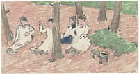 Groep mensen zittend onder bomen (1860 - 1921) by Adolf le Comte