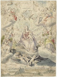 Maria en kind op de wolken te midden van engelen en cherubijnen (1575 - 1600) by Christoph Schwarz and anonymous