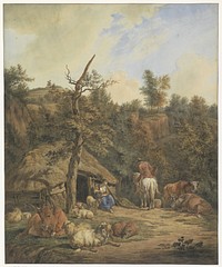 Herder, herderin en vee rustend voor een vervallen stal (1820 - 1872) by Hendrik Abraham Klinkhamer and Adriaen van de Velde