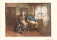 Interieur met een vrouw bij een wieg en een jongetje op de grond (c. 1854 - c. 1914) by Albert Neuhuys 1844 1914