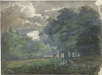 Herders met kudde in bosrijk landschap (1706 - 1759) by Jacob van Liender