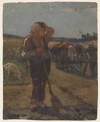 Boer staand met schep op het land (1841 - 1870) by Thomas Simon Cool