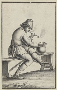 Pijprokende man met kruik zittend op een houten bank (c. 1700 - c. 1799) by anonymous