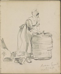 Boerin Betteke Gijsen bij een houten ton (1841) by Johannes Tavenraat