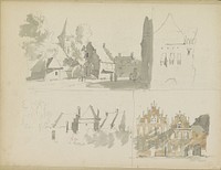 Studieblad met gebouwen en een stadsgezicht (c. 1828 - 1897) by Adrianus Eversen
