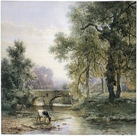 Boomrijk landschap met stenen brug over een rivier (1852) by Willem Roelofs I