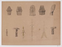 Drie sarcofagen, twee dorpsstichtingsstenen en details van architectuurelementen en bamboepalen, Minahasalanden, Noord-Celebes (c. 1821 - c. 1824) by Adrianus Johannes Bik