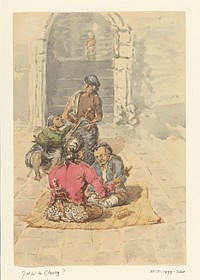 Vier Javanen bij ingang van de trap naar de terrassen van de Borobudur (c. 1800 - c. 1899) by Joannes Henricus Willem le Clercq and anonymous