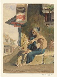 Oude, magere Chinees (opiumschuiver?) zittend op een stoep te Batavia (1846) by Ernest Alfred Hardouin