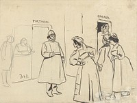 Ontwerp voor illustratie in De Amsterdammer: vier vrouwen voor een deur (Portugal) bewaakt door een agent (1 December 1907) (1907) by Johan Braakensiek