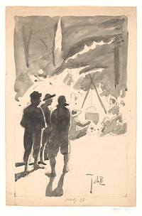 Staande en zittende figuren rond een kampvuur (c. 1868 - c. 1940) by Johan Braakensiek