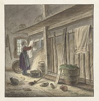 Hoekje van een stal met een meisje dat een doek ophangt (1772) by Christina Chalon