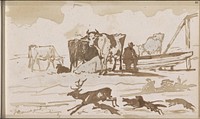 Weiland met koeien en een boer bij een trog (1864 - 1880) by Johannes Tavenraat