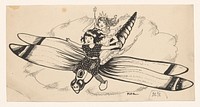 Twee meisjes vliegen op een libelle (c. 1850 - c. 1910) by Mira