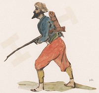 Soldaat met baard en geweer, tulband op het hoofd, rode broek en ransel op de rug (1840 - 1880) by Johannes Tavenraat