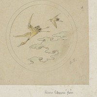 Rond medaillon met dubbele kaderlijn met twee vliegende kraanvogels boven wolken (c. 1864 - c. 1894) by Henri Cameré
