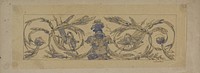 Rechthoekig veld met symmetrische bladranken met vaandels, wapens en een lauwerkrans, met in het midden een helm boven een maliënkolder (c. 1864 - c. 1894) by Henri Cameré